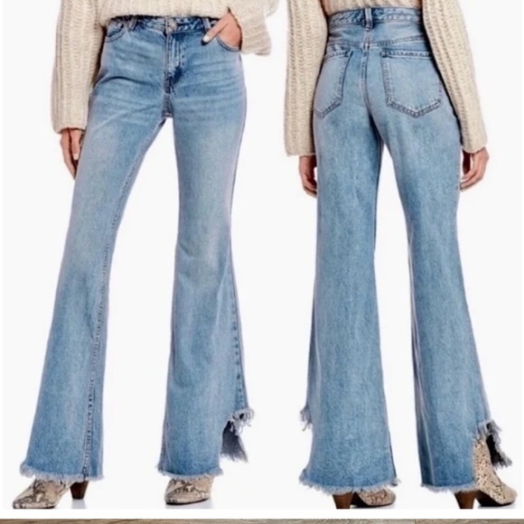 We The Free Denim - We the Free  flare jeans with a frayed hem in a light blue wash.